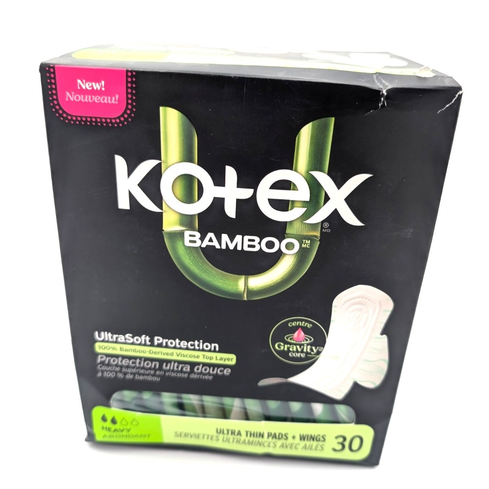 Kotex BAMBOO Ultra Thin Heavy Pads with Wings, Ultra Soft Protection  -30 Pads
